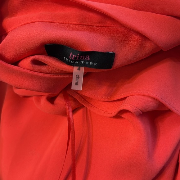 Trina Turk Mock Neck Button Up A-line Dress in Corral Red SZ 4 with Belt - Picture 9 of 9